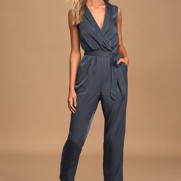 Love Like That Washed Navy Blue Satin Sleeveless Jumpsuit - Picture 7 of 7